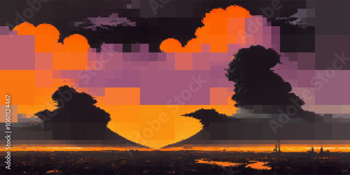 Fantasy mountain landscape. Vector pixelated illustration. Rectangular design.