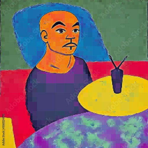Man sitting at a table with a wine glass. Abstract Art, Vector pixelated illustration. Rectangular design.