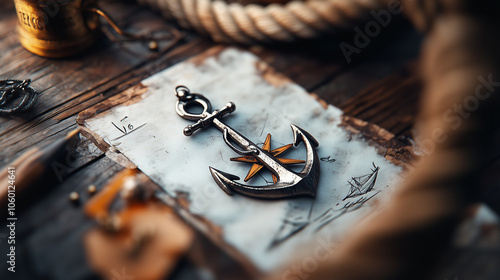 Silver Anchor and Compass on Vintage Nautical Map