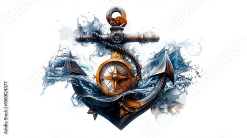 Vibrant Anchor and Compass Design with Fiery Details on White Background photo