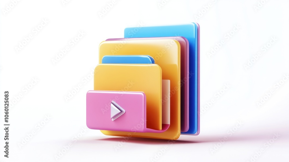Colorful layered folders with a play button, symbolizing organization and multimedia access. Colorful layered folders with a play button, symbolizing organization and multimedia access.