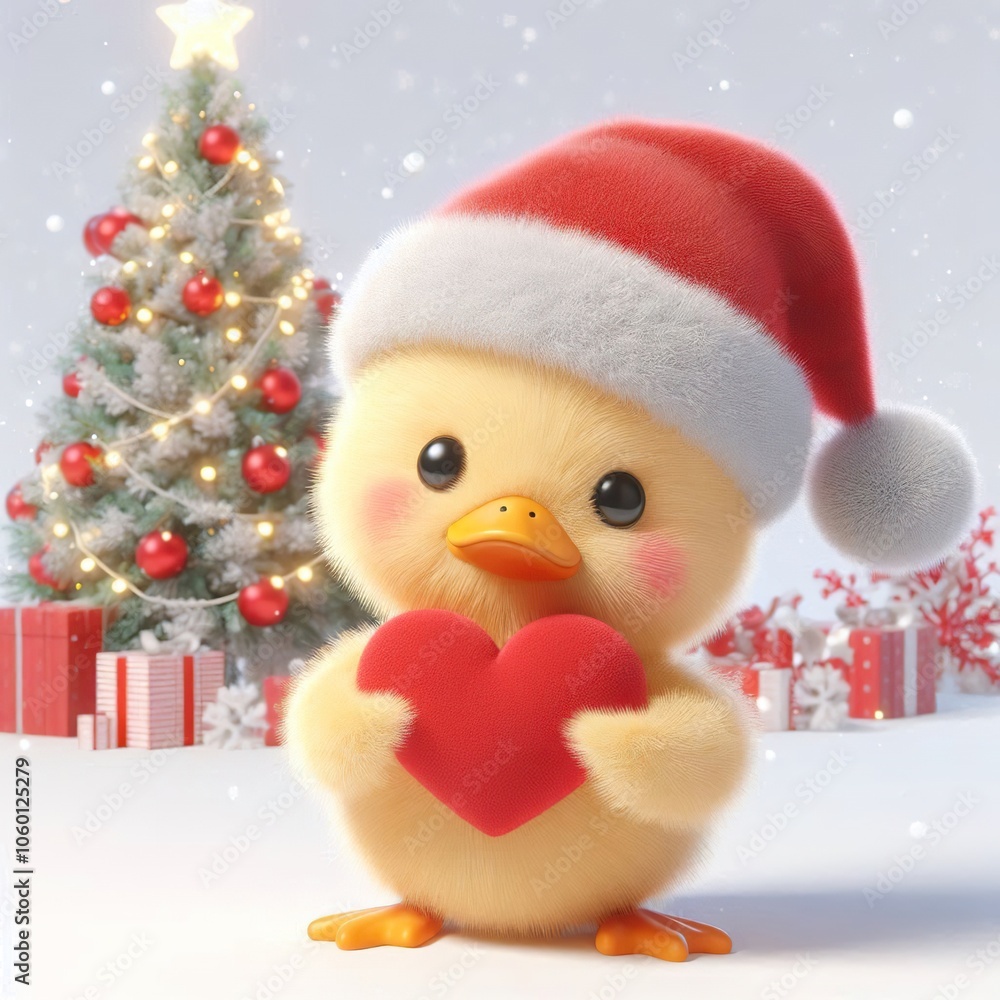 3d Cute fluffy christmas duck doing mini heart pose, full body, white background 3d Cute fluffy christmas duck doing mini heart pose, full body, white background