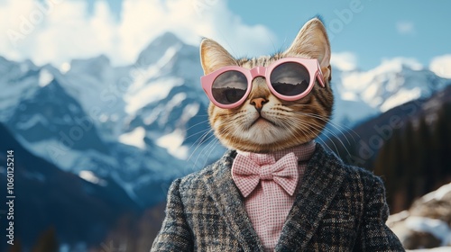 ashionable Cat with Sunglasses in Mountain Setting photo