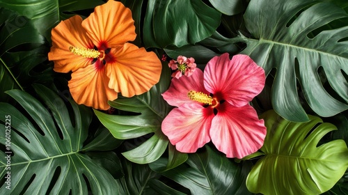 Vibrant Tropical Flowers Amid Lush Greenery