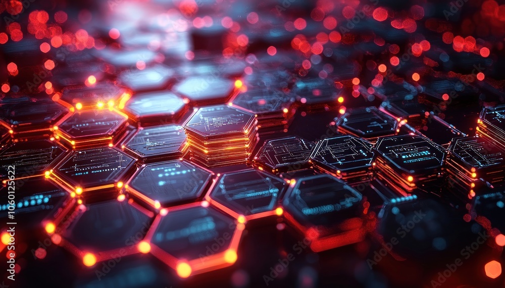 Fototapeta premium Abstract Hexagon Pattern with Glowing Red and Blue Lines