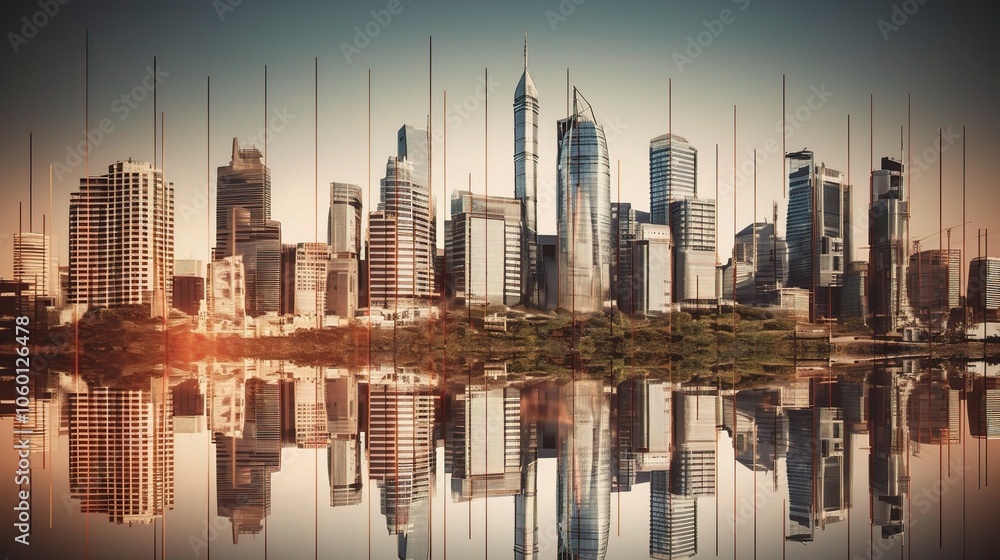 Fototapeta premium Business Chart Reflection in Modern City Skyline