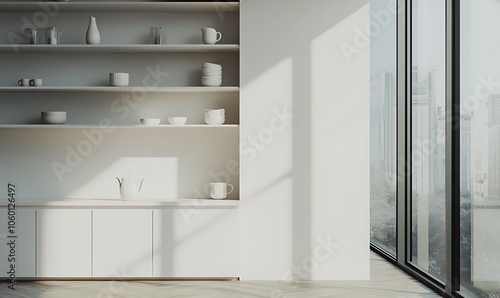 Wallpaper Mural  White home kitchen interior with cooking cabinet, window. Mockup wall  Torontodigital.ca