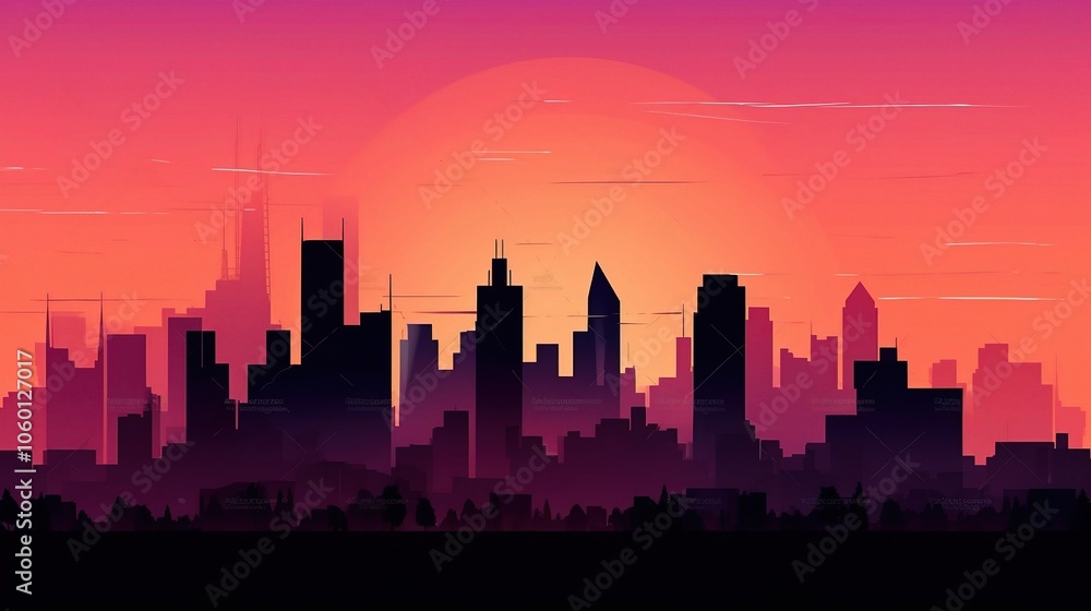 Fototapeta premium Vibrant City Skyline Silhouette at Sunset