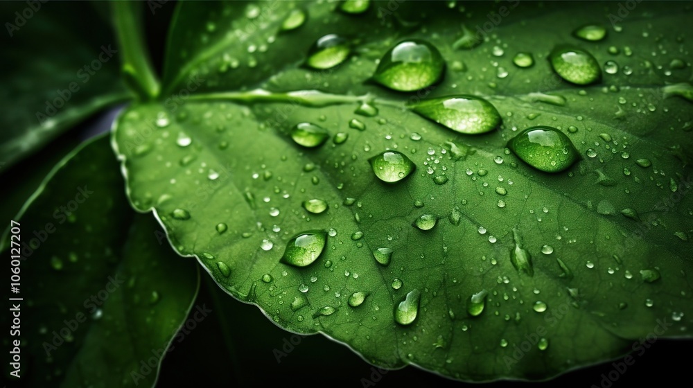 Fresh Green Leaf with Water Droplets Close-Up Fresh Green Leaf with Water Droplets Close-Up