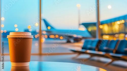 Close-up of a coffee cup resting on an airport waiting area table with a blurred boarding gate in the background hinting at a quiet moment before travel.