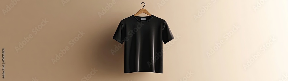 Blank black t-shirt hanging on a wooden hanger against a beige background. Blank black t-shirt hanging on a wooden hanger against a beige background.