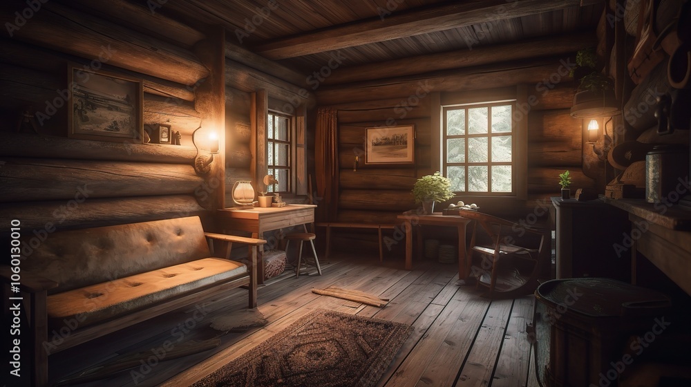 Cozy Rustic Cabin Interior with Wooden Walls Cozy Rustic Cabin Interior with Wooden Walls