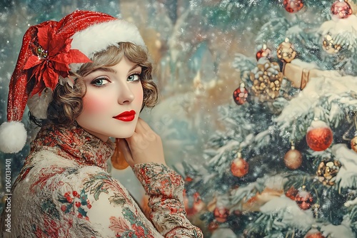 portrait of a woman with christmas tree, retro, vintage postcard, art photo