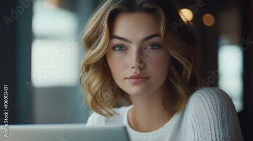 Close-up of a businesswoman at her desk, focused on her laptop, exuding professionalism. The minimalist office design and natural lighting highlight her composed and elegant demeanor. Free Download Close-up of a businesswoman at her desk, focused on her laptop, exuding professionalism. The minimalist office design and natural lighting highlight her composed and elegant demeanor. - GFXLoad
