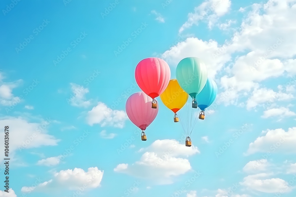 Fototapeta premium Colorful hot air balloons soar above a bright blue sky filled with fluffy clouds