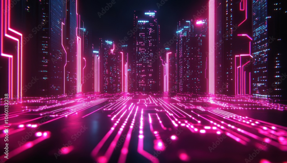Futuristic Cityscape with Glowing Neon Lights and Circuitry