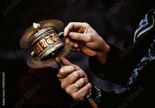 Hands spinning a tibetan prayer wheel in motion against a dark background