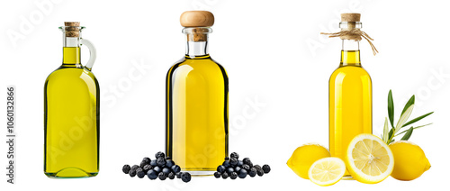 A clear glass bottle filled with olive oil, decorated with twine, black pepper, fresh bay leaves isolated on white transparent background.