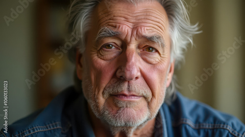 Elderly lonely man with gray hair and wrinkles, looking into the camera with thoughtful expression. Senior individual, isolated and serious, wearing casual clothes, reflecting age photo