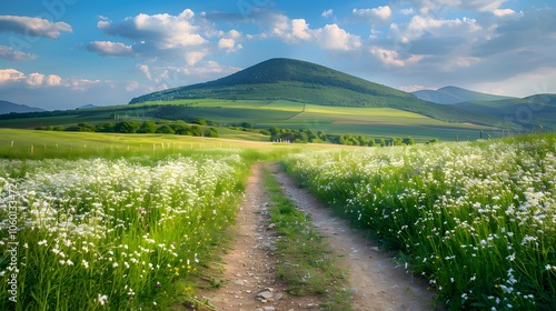 Peaceful Rural Landscape with Dirt Path, Wildflowers, and Hills photo