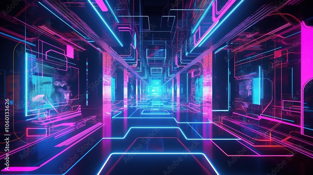 Neon Technology Corridor in Digital Metaverse Environment Neon Technology Corridor in Digital Metaverse Environment