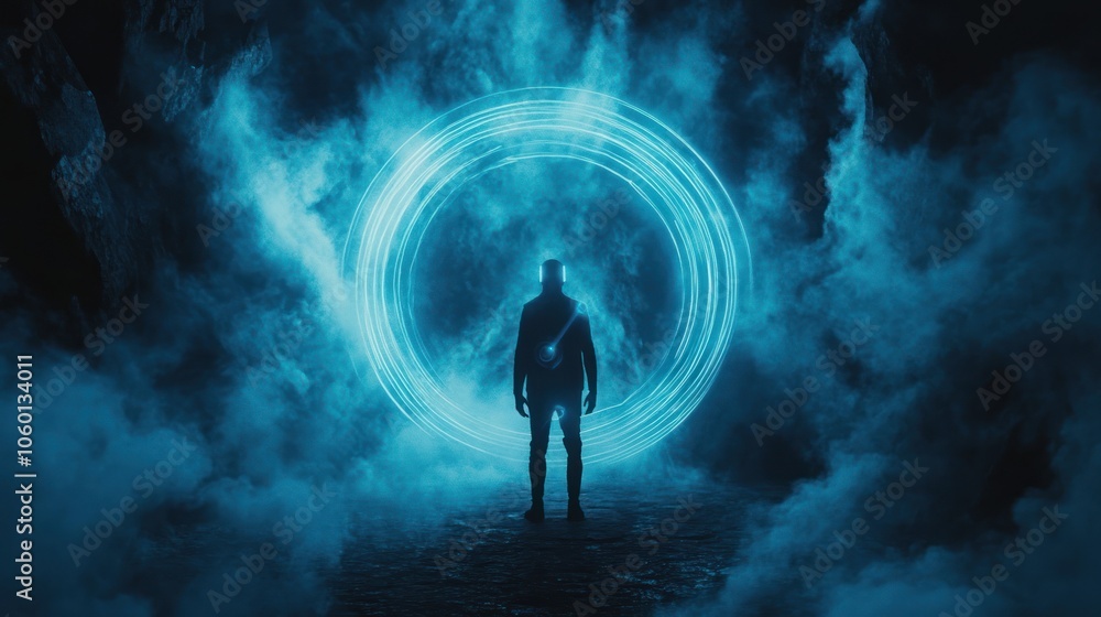 Silhouette of a man standing in front of a neon glowing ring. Silhouette of a man standing in front of a neon glowing ring.