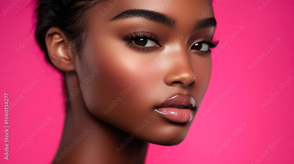 Fototapeta premium Beautiful flawless young woman posing gracefully on pink background with text copy area
