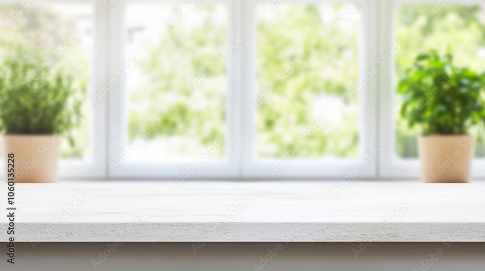 Fototapeta premium Free space countertop background on blurred kitchen window interior