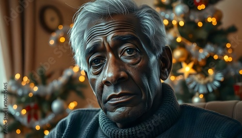 Lonely sad senior elderly black man sitting alone at christmas time, isolation solitude and loneliness concept photo