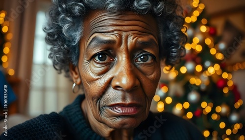 Lonely sad senior elderly black woman sitting alone at christmas time, isolation solitude and loneliness concept photo