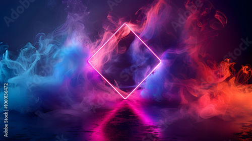 Colorful neon smoke inside a glowing diamond shape on a dark background, concept of modern design template