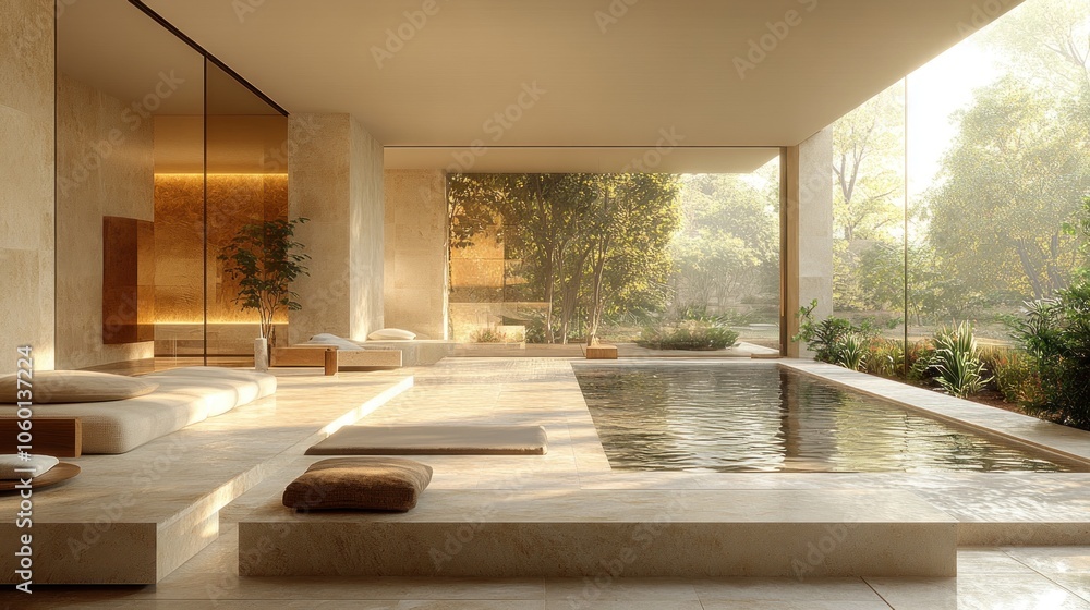 Fototapeta premium Modern serene indoor pool area with natural light and greenery.