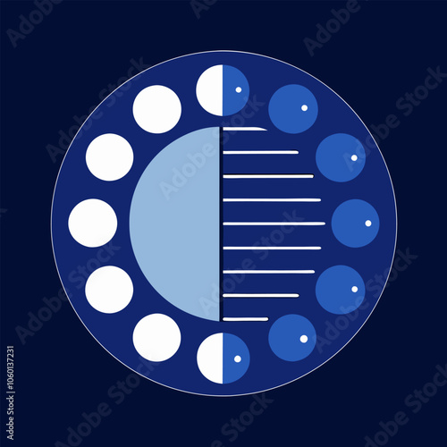 A simple yet striking abstract design, featuring a circle divided into two contrasting sections, one with a crescent moon and the other with a series of horizontal lines.