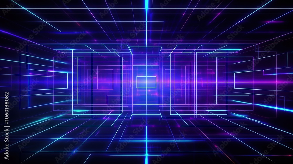 Obraz premium Futuristic Digital Grid with Glowing Blue and Purple Lights