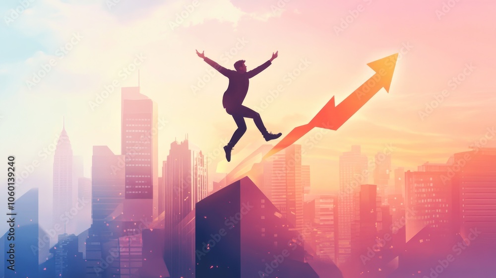 Silhouette of a businessman jumping high above a city skyline with an orange arrow pointing upwards, signifying growth and success. Silhouette of a businessman jumping high above a city skyline with an orange arrow pointing upwards, signifying growth and success.