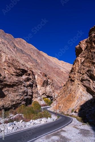Scenic road in Himalayas near pass. Ladakh, India. Rural roads in Leh, Ladakh.
