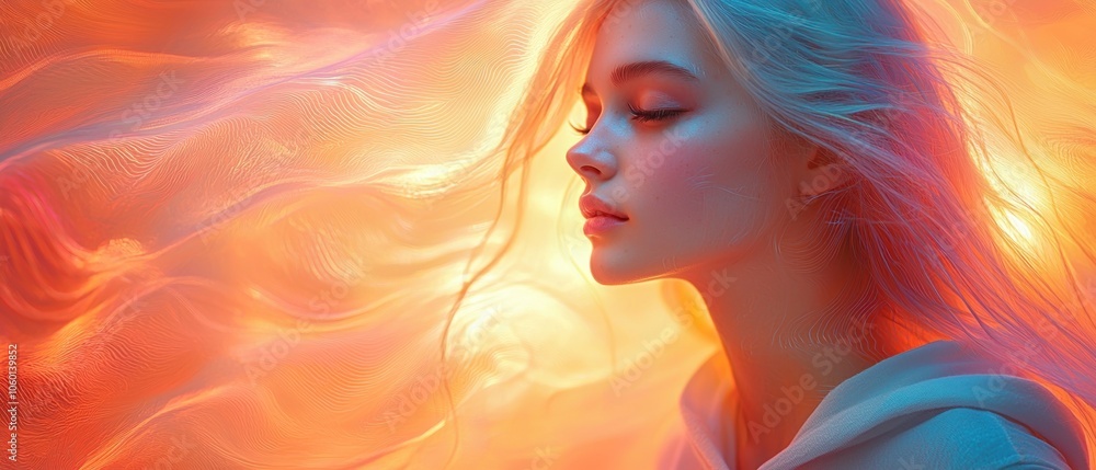 Portrait of a Young Woman with Long Blonde Hair, Bathed in Warm and Cool Light Portrait of a Young Woman with Long Blonde Hair, Bathed in Warm and Cool Light