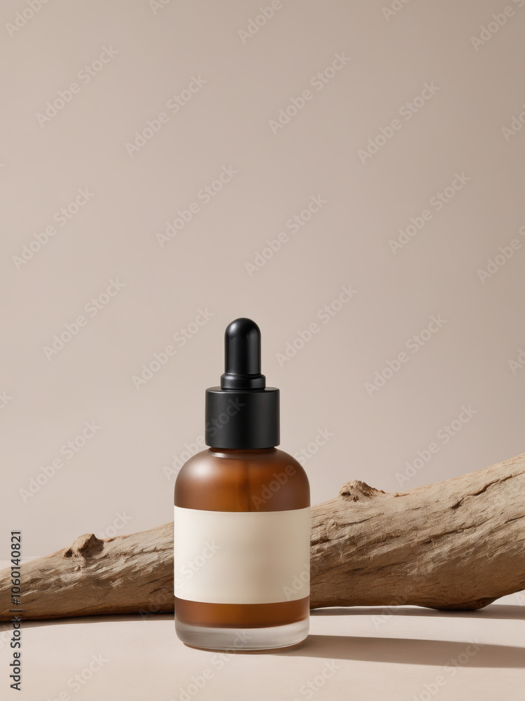Naklejka premium 중립 배경에 미니멀리스트 라벨이 있는 호박색 드로퍼 병