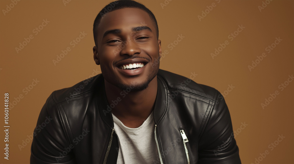 Obraz premium Portrait of African young man in stylish leather jacket posing on brown background