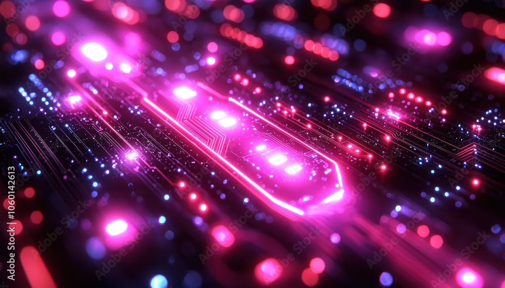 Obraz premium Illuminated Circuit Board with Neon Pink and Blue Lights