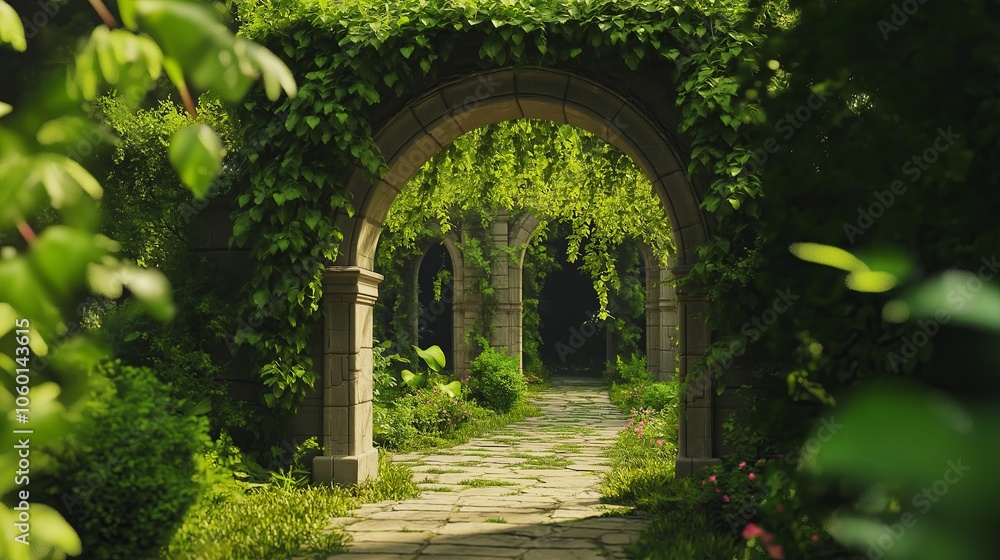 Fototapeta premium A rustic stone archway covered with lush green ivy and moss in an ancient garden