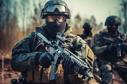 Chinese soldier with rifle in tactical gear during military training exercise in a forested area at dusk