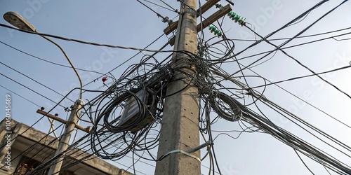 Electric pole with tangled and unorganized wires, electricity, distribution, infrastructure, messy, chaotic, urban photo