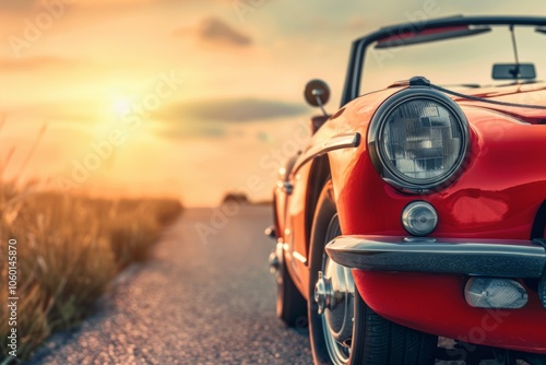 Retro red car stay on asphalt road at sunset photo