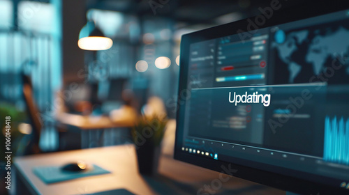 Wallpaper Mural Close-Up of Computer Screen Showing Software Update Progress Bar with "Updating" Text, Modern Office Desk Background Torontodigital.ca