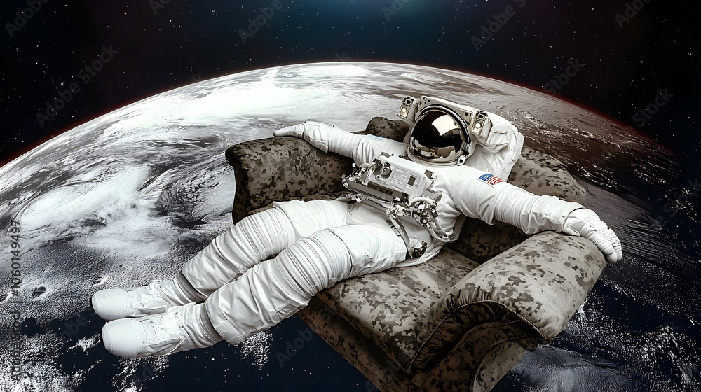 Obraz premium Astronaut relaxing on a sofa in space