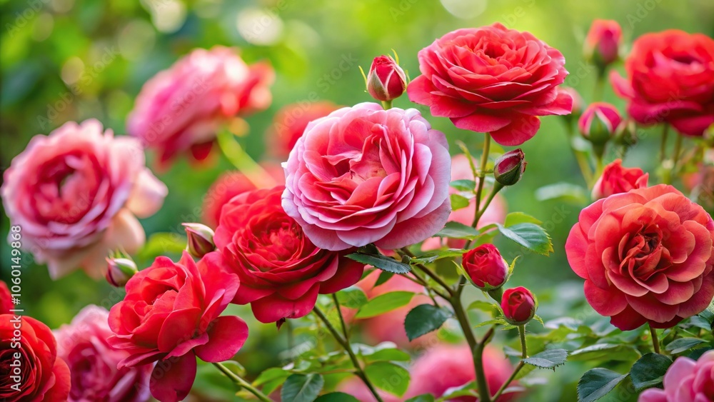 Obraz premium A gentle rose bush in full bloom with soft red petals and delicate thorns on its branches, blooms, botanical, delicate, flowers, spring