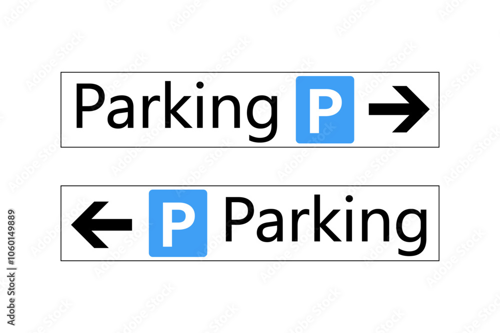 Fototapeta premium Two parking direction road signs. Horizontal shape with symbol and directional arrow, one pointing right and the other pointing left.