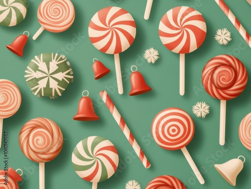 Red and green lollipop pattern with festive decorations like bells and snowflakes, styled as a colorful background poster photo