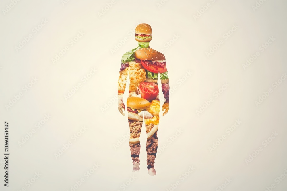 A Human Silhouette Composed of Diverse Fast Foods Set Against a Light Background, Illustrating the Concept of Obesity and Poor Dietary Choices A Human Silhouette Composed of Diverse Fast Foods Set Against a Light Background, Illustrating the Concept of Obesity and Poor Dietary Choices